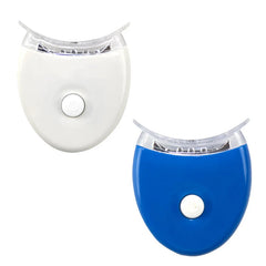 Two teeth whitening LED light devices, one in white and one in blue, shown against a white background.