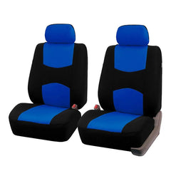 Two black and blue universal car seat covers with headrests displayed against a white background.