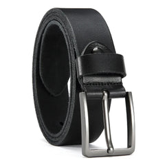 A black leather men's casual belt featuring a rectangular antique metal needle buckle.