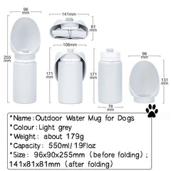 A light grey portable pet water bottle with a collapsible silicone bowl and a 550ml capacity.
