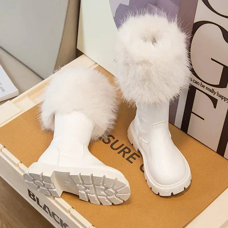 Girls High Boots Thick Warm Plush Fur Beige Black Side Zipper Fashion Children Leather Long Boots Kids Winter Boots 2024 New SHOWLU FASHION STORE