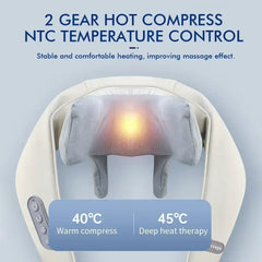A beige neck and shoulder massager with a glowing center indicating two heat settings.