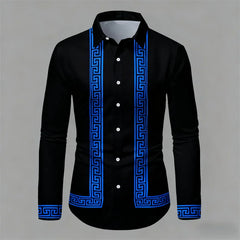 Men's Retro Geometric Print Long-Sleeve Shirt, Stylish Black and White Color-Blocked Slim Fit Shirt, Casual and Versatile Top