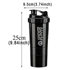 A black three-layer protein shaker bottle with a lid, measuring 25cm tall and 9.5cm wide.