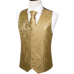 Men's Luxury Golden Floral Paisley V-Collar Vest Waistcoat With Hankerchief Cufflinks Fit Wedding Party Gift Daily