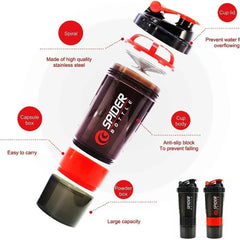 An exploded view of a three-layer protein shaker bottle with a spiral mixer and storage compartments.