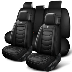 A set of black artificial leather car seat covers for a five-seater vehicle.