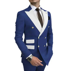 A man wears a royal blue double-breasted blazer with white lapels and matching pockets.
