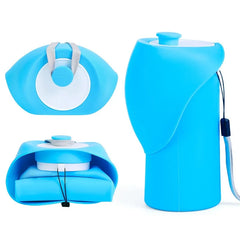 A blue collapsible pet water bottle with an integrated drinking tray and a carrying strap.