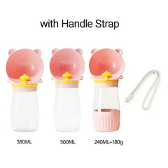 Three portable pet water bottles with bear-shaped bowls and a detachable handle strap.