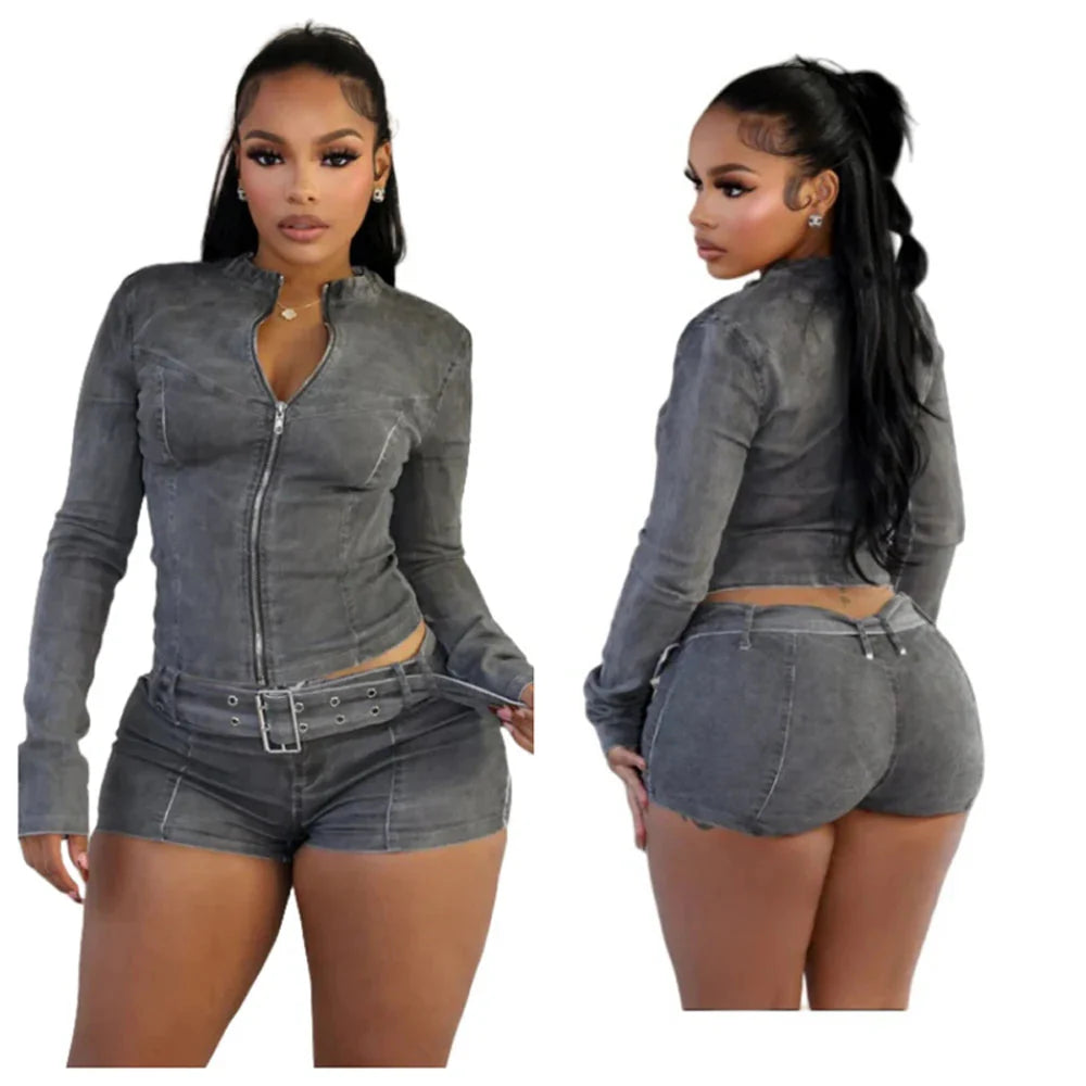 Sexy Denim Womens 2 Two Piece Set Stretchy Long Sleeve Zip Up Slim Jackets and Shorts Suits Y2k Streetwear Belt Jean Outfit Sets SHOWLU FASHION STORE