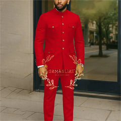 Affrica Style White Stand Collar Single Breasted Jacket Pants Business Men Suit Tuxedos Groom Wedding Suits Male Blazer Sets