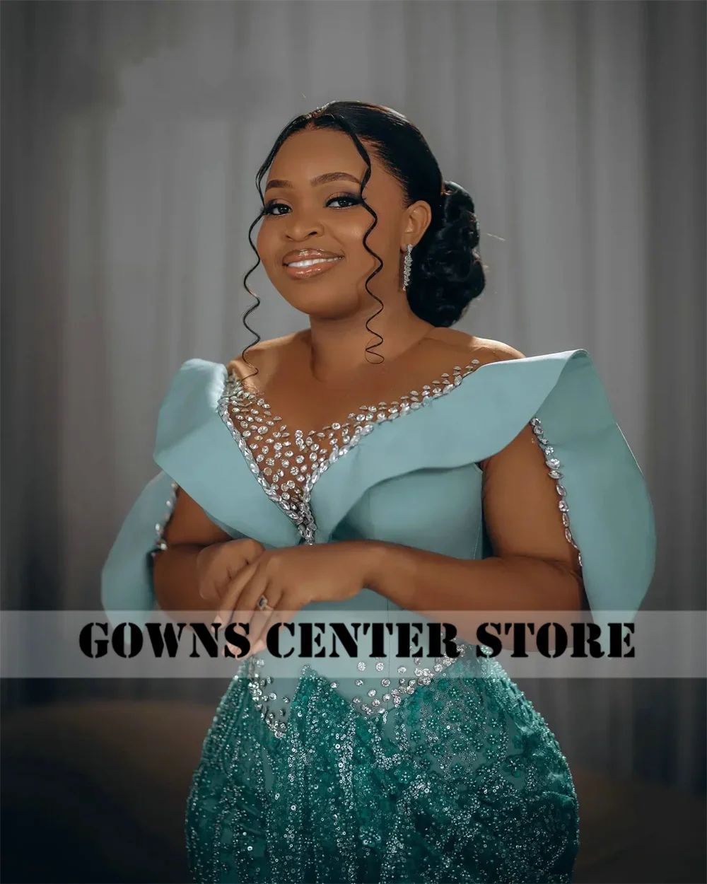 Enchanting Turquoise Beaded Aso Ebi Evening Dresses Mesh Long Sleeves African Party Dress Women Mermaid Formal Customized SHOWLU FASHION STORE