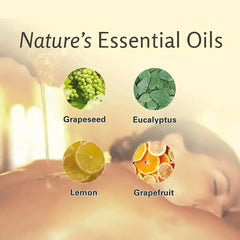A massage oil advertisement featuring images of grapeseed, eucalyptus, lemon, and grapefruit.