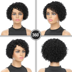 A mannequin displays a short, black, kinky curly human hair pixie cut wig from multiple angles.