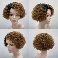 A short, kinky curly human hair wig with a dark root and golden brown highlights.