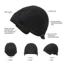 A black wig cap featuring an elastic net, machine-sewed wefting, combs, and adjustable straps.