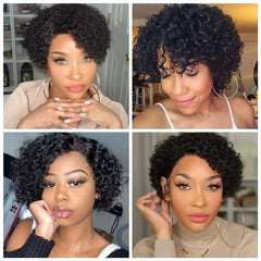 A collage of four women wearing a short, black, kinky curly pixie cut human hair wig.