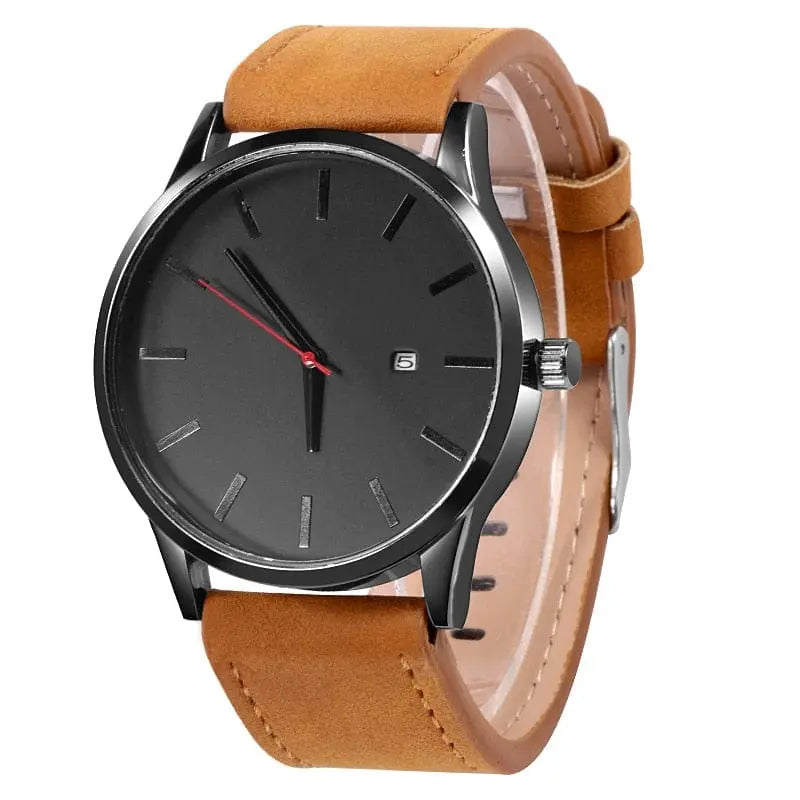 The Simple Men Quartz Watch Relogio Masculino features a black round face, minimalist markers, red second hand, date display, and light brown leather strap. This military sport wristwatch suits any occasion and is water-resistant.