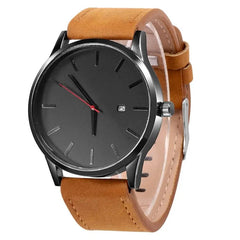 The Simple Men Quartz Watch Relogio Masculino features a black round face, minimalist markers, red second hand, date display, and light brown leather strap. This military sport wristwatch suits any occasion and is water-resistant.