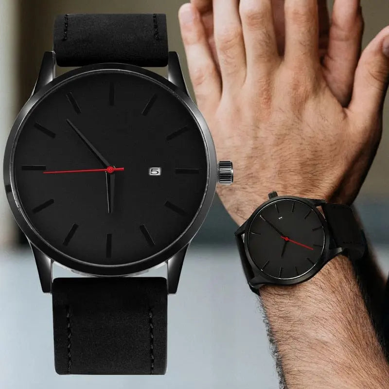 A close-up of the Simple Men Quartz Watch Relogio Masculino Military Sport Wristwatch, featuring a minimalist black face, red second hand, small date window, and leather strap. This water-resistant watch offers a sleek look without numbers.