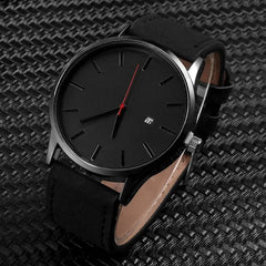 The Simple Men Quartz Watch Relogio Masculino features a black face, minimalist hour markers, red second hand, date display, and a sleek black leather strap. This water-resistant military sport wristwatch offers modern style with a complete calendar.