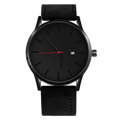 The Simple Men Quartz Watch Relogio Masculino features a black leather strap, minimalist design, simple hour markers, date window at 3 o’clock, red second hand, and is water-resistant—combining style with everyday practicality.