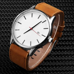 The Simple Men Quartz Watch Relogio Masculino, featuring a white dial with black hands, a red second hand, date display, and brown leather strap, is showcased on a black textured background.