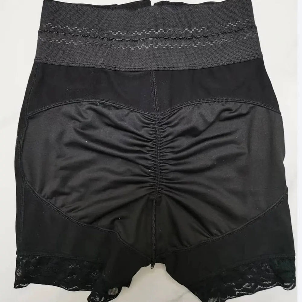 The Slimming Fajas Lace Butt Lifter, featuring a wide waistband, lace trim, and ruched back, offers stylish support and an hourglass figure. These charming curves BBL shorts are wire free with 3 hook waist trainer design for comfortable shaping.