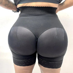 A person is shown from the back wearing Slimming Fajas Lace Butt Lifter Short, showcasing its contouring and butt lifting effect for a smooth, hourglass silhouette with wire-free comfort and 3 hook waist trainer design.