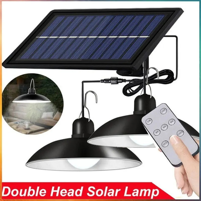 A double-head solar pendant light with a remote control and a solar panel.