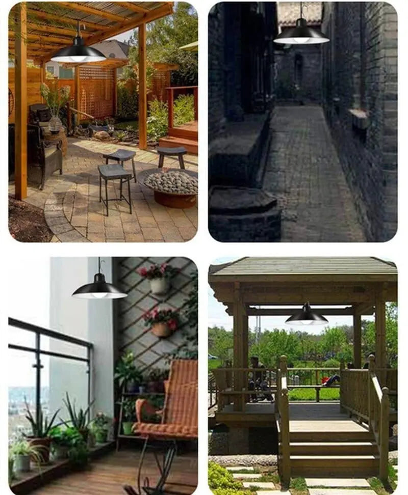 A black solar-powered pendant light is shown installed in four different outdoor settings.