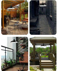 A black solar-powered pendant light is shown installed in four different outdoor settings.