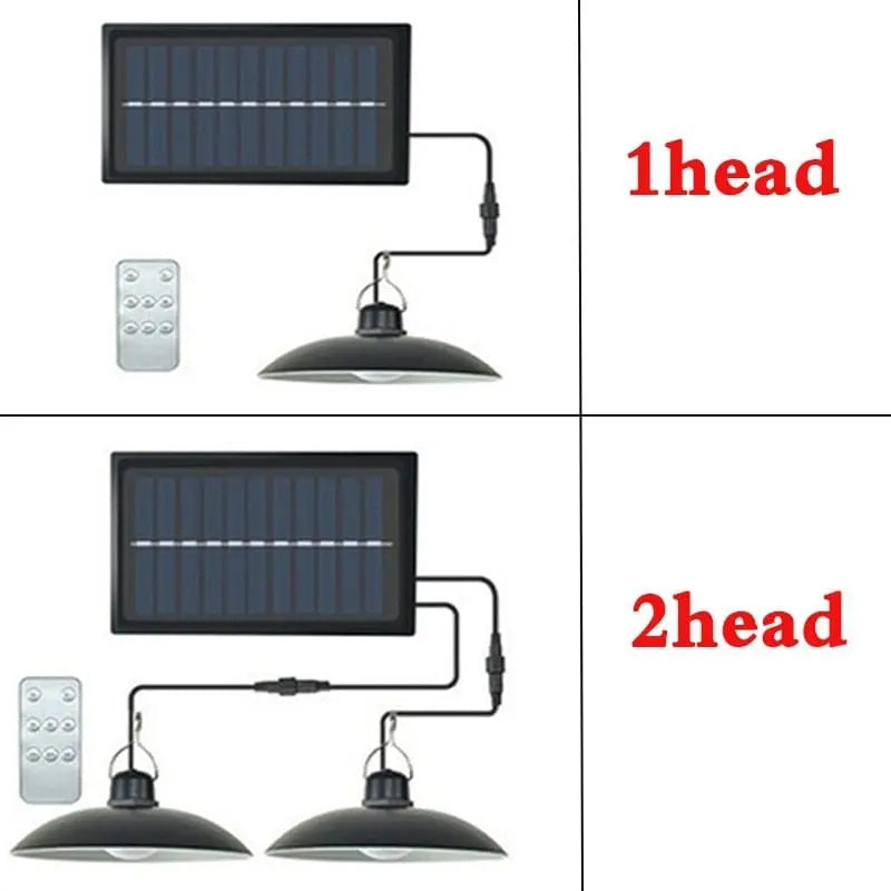 A comparison image showing solar pendant lights with one or two lamp heads and a remote control.