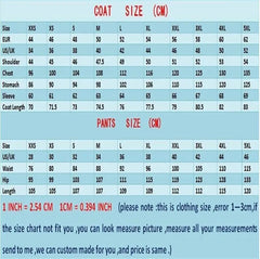 A size chart table for men's suits showing measurements in centimeters for coats and pants.