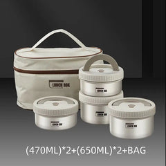 A set of four stackable stainless steel lunch boxes with a matching carrying bag.