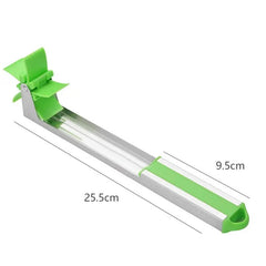 A stainless steel watermelon slicer with a green windmill-shaped cutting head.