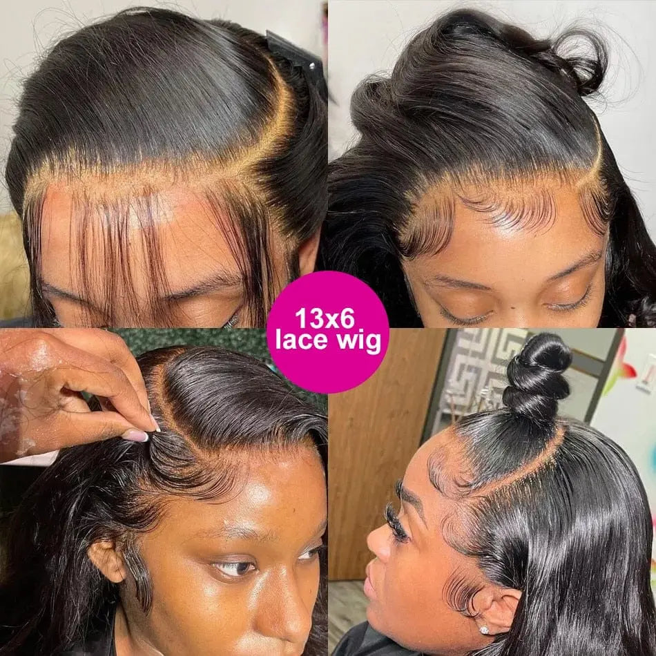 Four images display a woman styling the Straight Lace Front Wigs HD Lace Wig 13x6 Human Hair—middle part, side part, laid baby hairs, and half-up bun—with text in the center reading “13x6 lace wig.”.