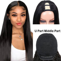 A straight human hair U-part wig shown on a model and from the back and top.