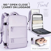 A light purple travel backpack shown closed, open with packed clothes, and with a shoe compartment.