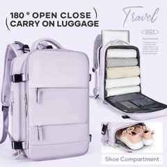 A light purple travel backpack shown closed, open with packed clothes, and with a shoe compartment.