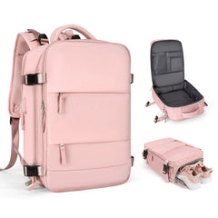 A pink travel backpack shown from three angles, featuring a shoe compartment and open interior.