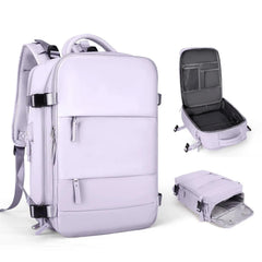 A light purple travel backpack shown from three angles, featuring multiple compartments and straps.