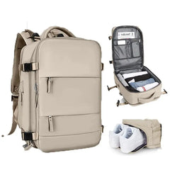 A beige travel backpack shown from three angles, featuring internal storage and a shoe compartment.
