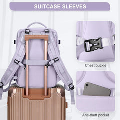 A lavender travel backpack featuring a luggage sleeve, chest buckle, and anti-theft pocket.