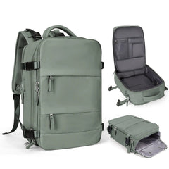 A sage green travel backpack shown from three angles, featuring multiple compartments and zippers.