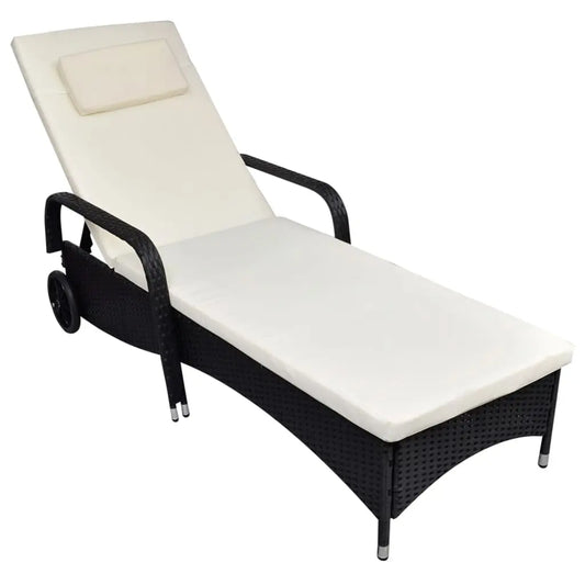 Emerald Ares Home & Garden Sun Lounger with Cushion & Wheels Poly Rattan Black