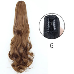 A long, wavy brown ponytail hair extension with a claw clip attachment shown in an inset circle.