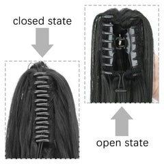 A black synthetic straight ponytail hair extension featuring a claw clip attachment.