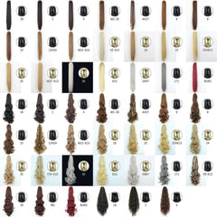 A grid of synthetic ponytail hair extensions in various colors, textures, and lengths.